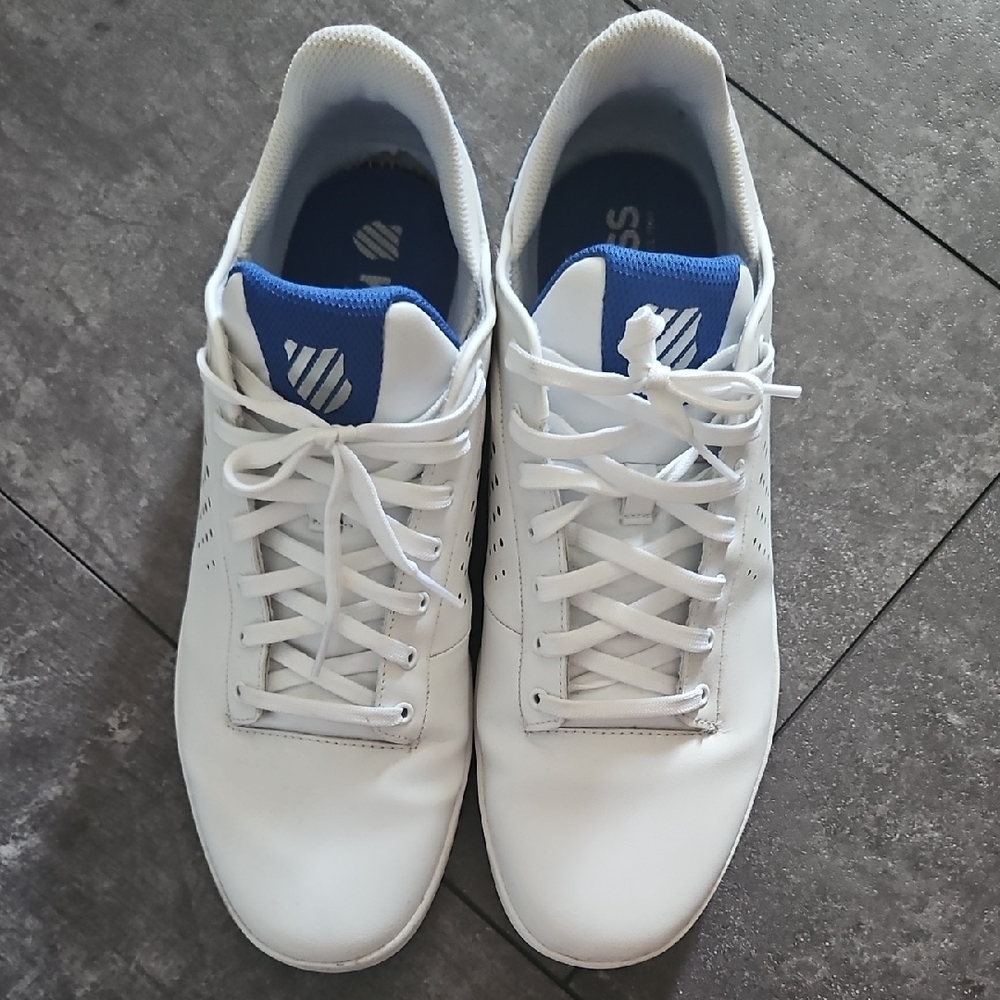 K-Swiss White and Blue Athletic Shoes with Padded Collar - Picture 2 of 2